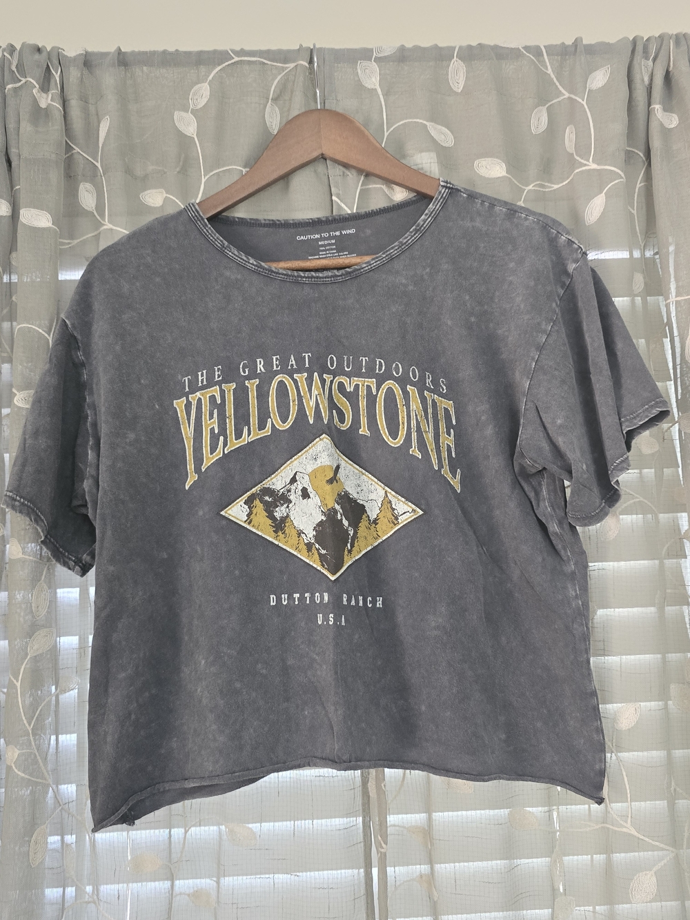 Caution To The Wind Yellowstone Cropped Tee - Gray & Yellow